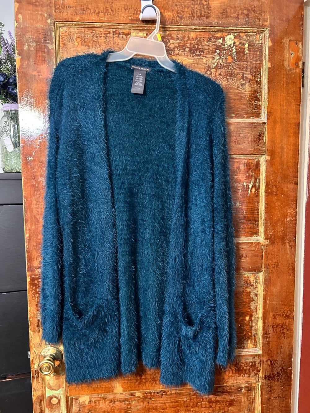 Chelsea & Theodore Teal Fuzzy Open-Front Cardigan